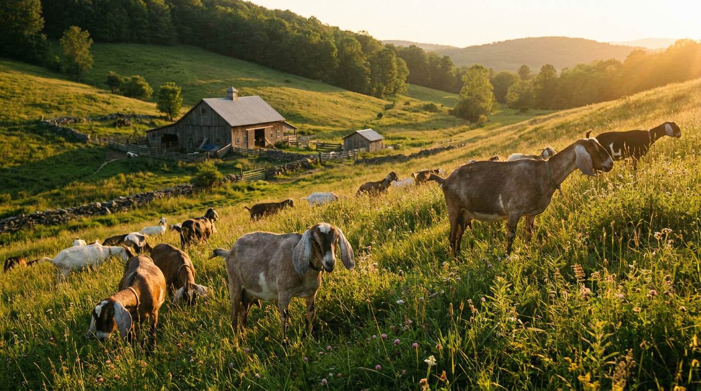 Pasture-raised dairy goats grazing at golden hour